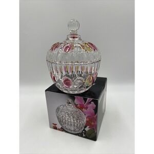 Soga Japan Crystal Lidded Candy Dish Amber Cranberry‎ Glass Thumbprint Dots Vtg